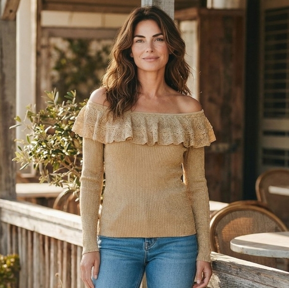 Lauren Ralph Lauren Gold Metallic Sweater Small Ruffle Crochet Pointelle Collar - Picture 2 of 9